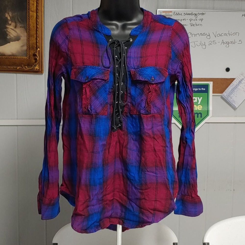 Express Long Sleeve blue pink black plaid shirt